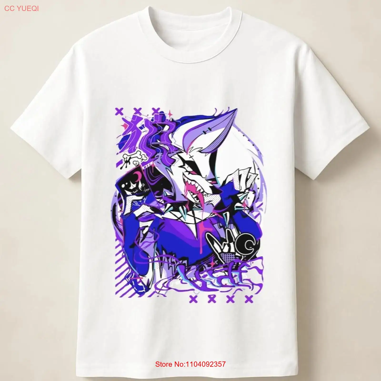 Anime Merchandise Online - 紫のアニメ狼のグラフィティポスターが描かれた絶叫アートスタイルTシャツ、ヴィンテージウォッシュ加工、ストレッチ素材、ソフトトップ、普段着に最適
