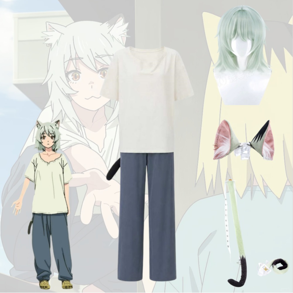 Anime Merchandise Online - ヤニネコ チェインスモーカーキャット ニクコ コスプレコスチューム 白いTシャツと尻尾付きパンツ フルセット
